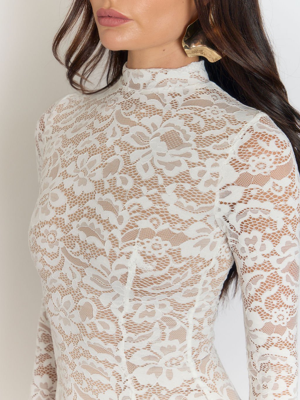 White Lace Floral High Neck Long Sleeve Bodycon Midi Dress