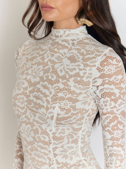 White Lace Floral High Neck Long Sleeve Bodycon Midi Dress