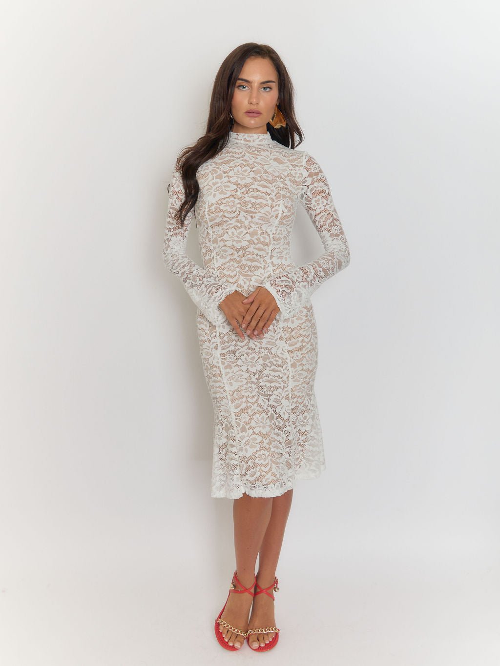 White Lace Floral High Neck Long Sleeve Bodycon Midi Dress