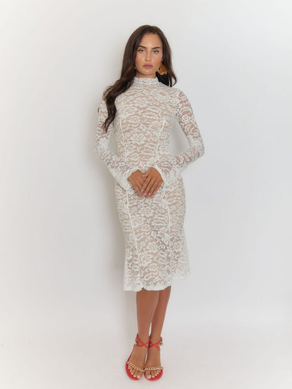 White Lace Floral High Neck Long Sleeve Bodycon Midi Dress