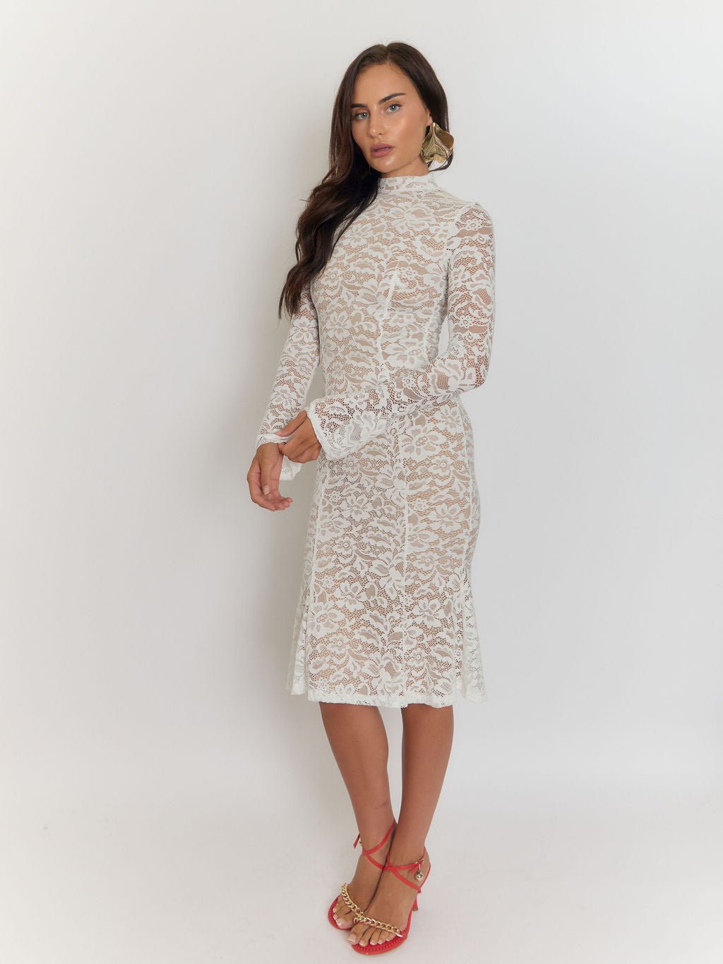 White Lace Floral High Neck Long Sleeve Bodycon Midi Dress