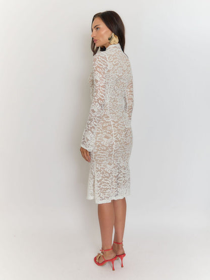 White Lace Floral High Neck Long Sleeve Bodycon Midi Dress