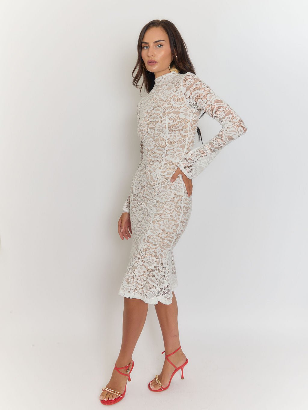 White Lace Floral High Neck Long Sleeve Bodycon Midi Dress