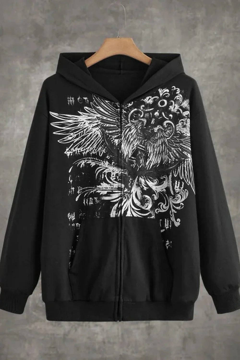 Gothic Wing Print Zip Up Hoodie