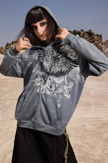 Gothic Wing Print Zip Up Hoodie