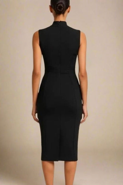 Classic Black Mock Neck Sleeveless Waist Seam Bodycon Midi Dress