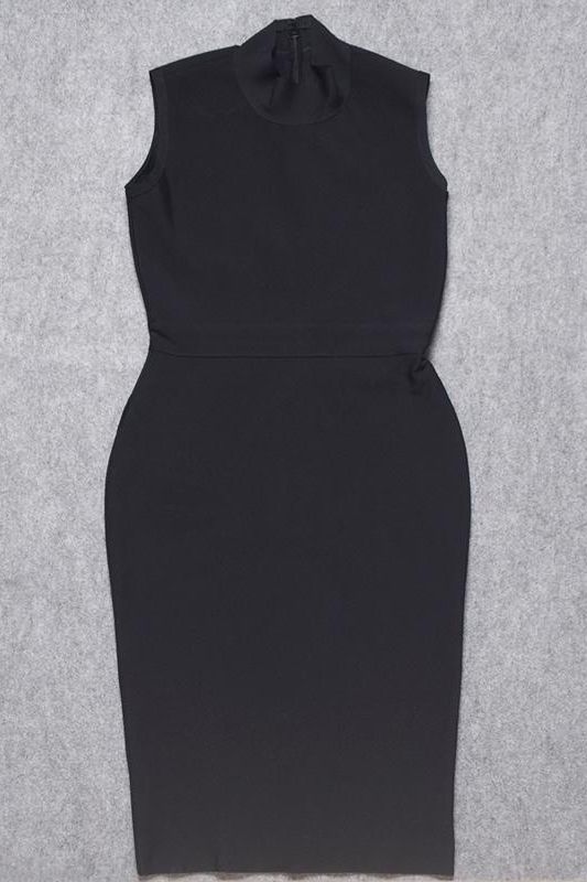 Classic Black Mock Neck Sleeveless Waist Seam Bodycon Midi Dress