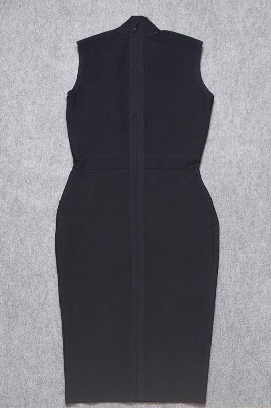 Classic Black Mock Neck Sleeveless Waist Seam Bodycon Midi Dress