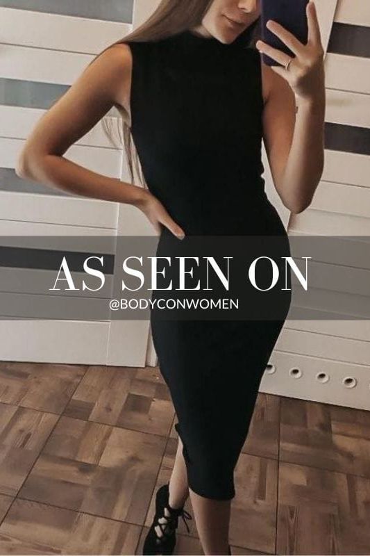 Classic Black Mock Neck Sleeveless Waist Seam Bodycon Midi Dress
