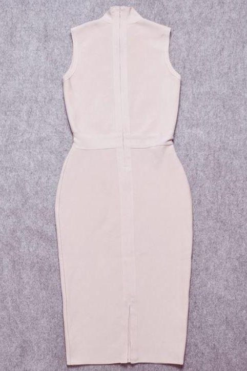 Cream Mock Neck Sleeveless Bodycon Sheath Midi Dress