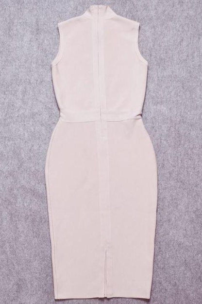 Cream Mock Neck Sleeveless Bodycon Sheath Midi Dress