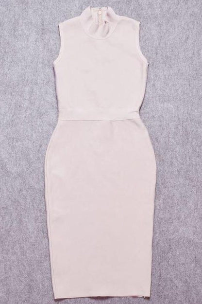Cream Mock Neck Sleeveless Bodycon Sheath Midi Dress