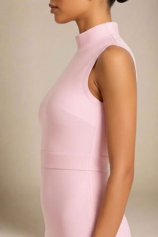 Dusty Pink Mock Neck Sleeveless Waist Seam Bodycon Midi Dress