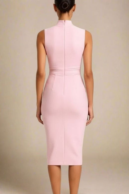 Dusty Pink Mock Neck Sleeveless Waist Seam Bodycon Midi Dress