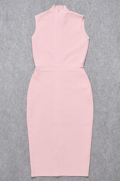 Dusty Pink Mock Neck Sleeveless Bodycon Sheath Midi Dress