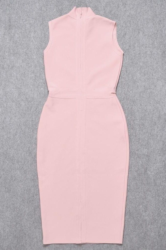 Dusty Pink Mock Neck Sleeveless Waist Seam Bodycon Midi Dress