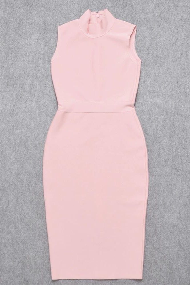 Dusty Pink Mock Neck Sleeveless Waist Seam Bodycon Midi Dress