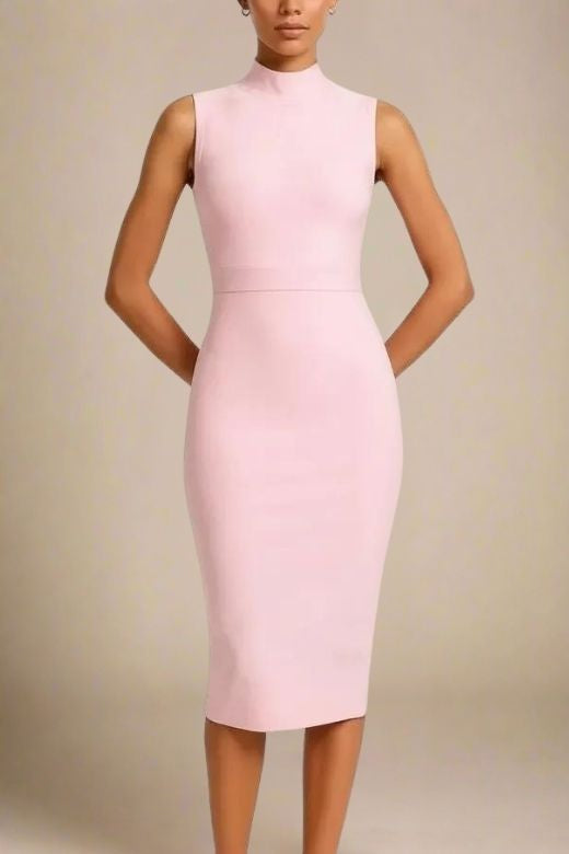 Dusty Pink Mock Neck Sleeveless Waist Seam Bodycon Midi Dress