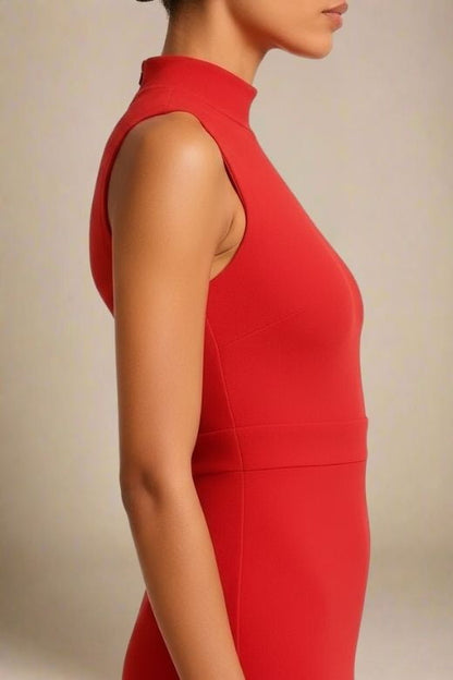 Lipstick Red Mock Neck Sleeveless Waist Seam Bodycon Midi Dress