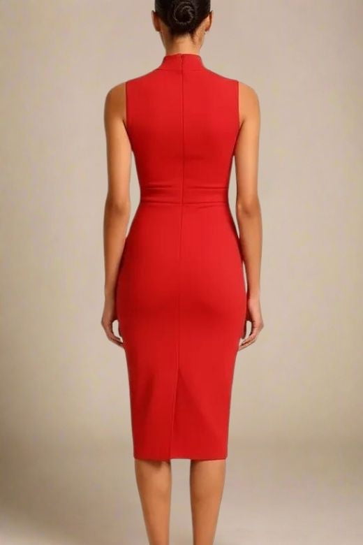 Lipstick Red Mock Neck Sleeveless Waist Seam Bodycon Midi Dress