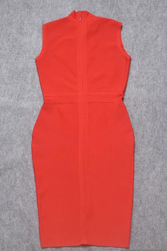 Lipstick Red Mock Neck Sleeveless Bodycon Sheath Midi Dress