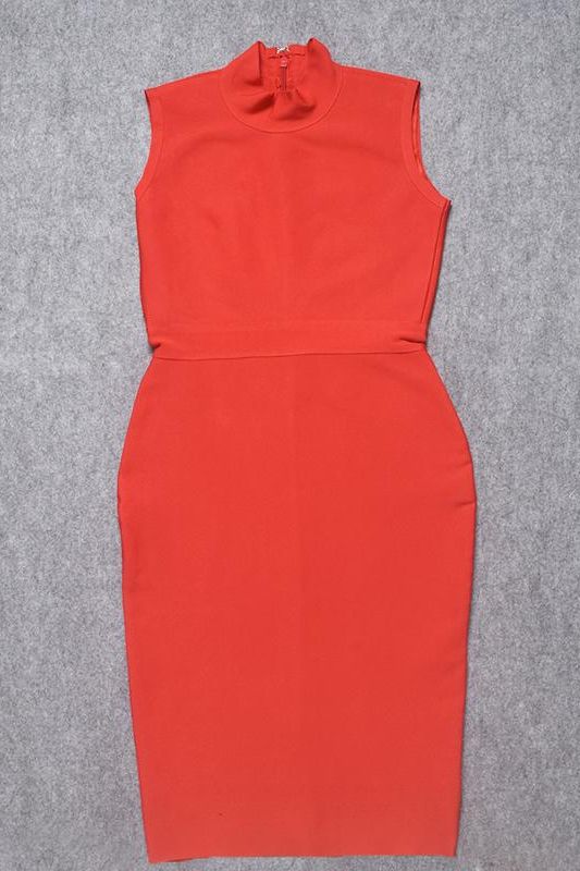 Lipstick Red Mock Neck Sleeveless Waist Seam Bodycon Midi Dress