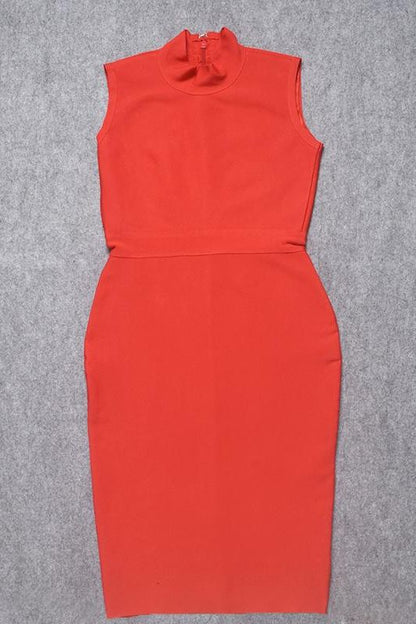 Lipstick Red Mock Neck Sleeveless Waist Seam Bodycon Midi Dress