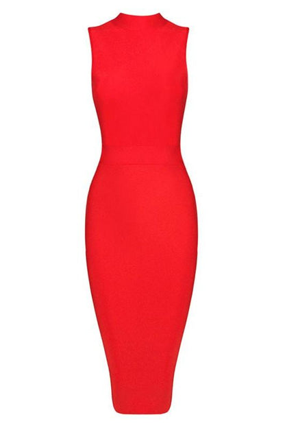 Lipstick Red Mock Neck Sleeveless Bodycon Sheath Midi Dress