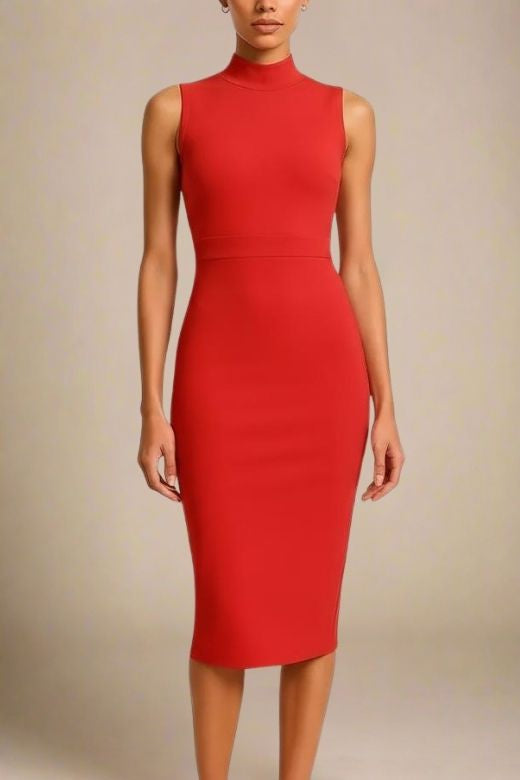 Lipstick Red Mock Neck Sleeveless Waist Seam Bodycon Midi Dress