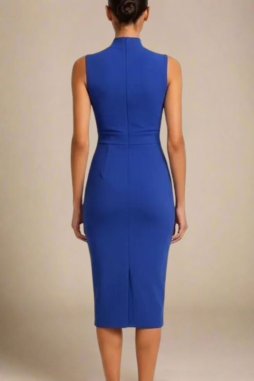 Navy Blue Mock Neck Sleeveless Waist Seam Bodycon Midi Dress