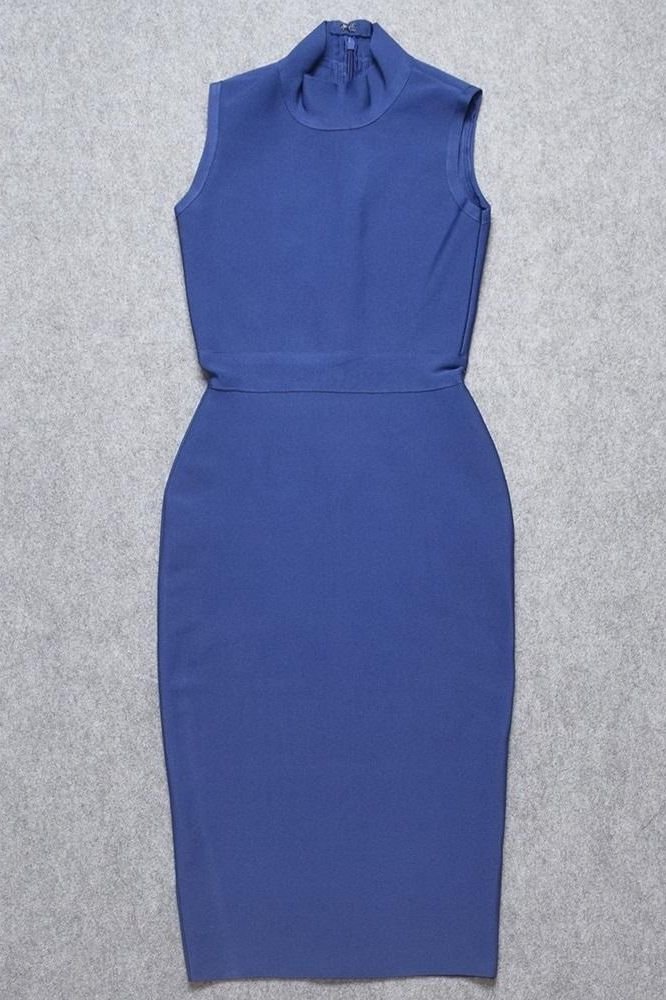 Navy Blue Mock Neck Sleeveless Bodycon Sheath Midi Dress