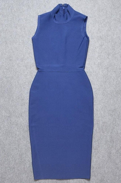 Navy Blue Mock Neck Sleeveless Waist Seam Bodycon Midi Dress