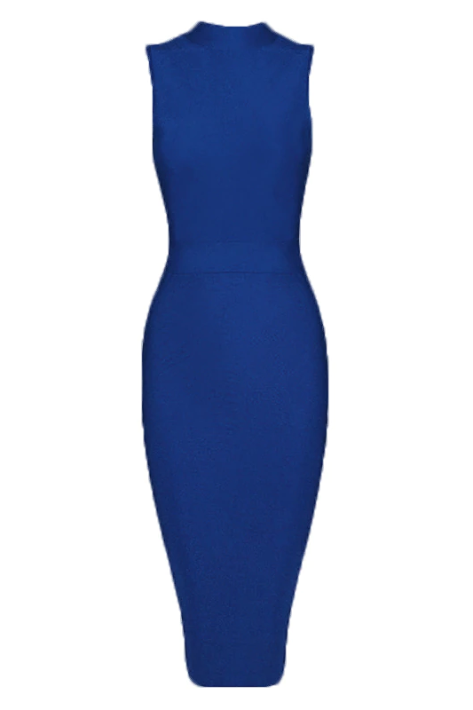 Navy Blue Mock Neck Sleeveless Bodycon Sheath Midi Dress