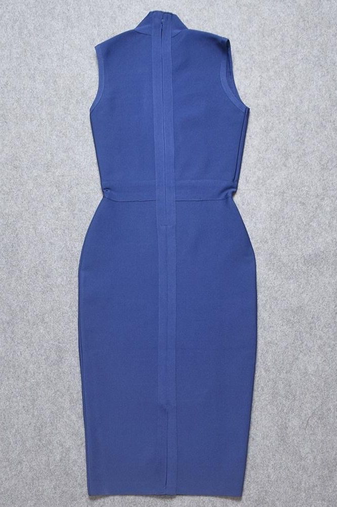 Navy Blue Mock Neck Sleeveless Bodycon Sheath Midi Dress