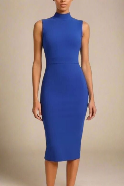 Navy Blue Mock Neck Sleeveless Bodycon Sheath Midi Dress