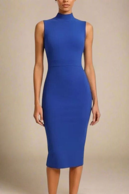 Navy Blue Mock Neck Sleeveless Bodycon Sheath Midi Dress