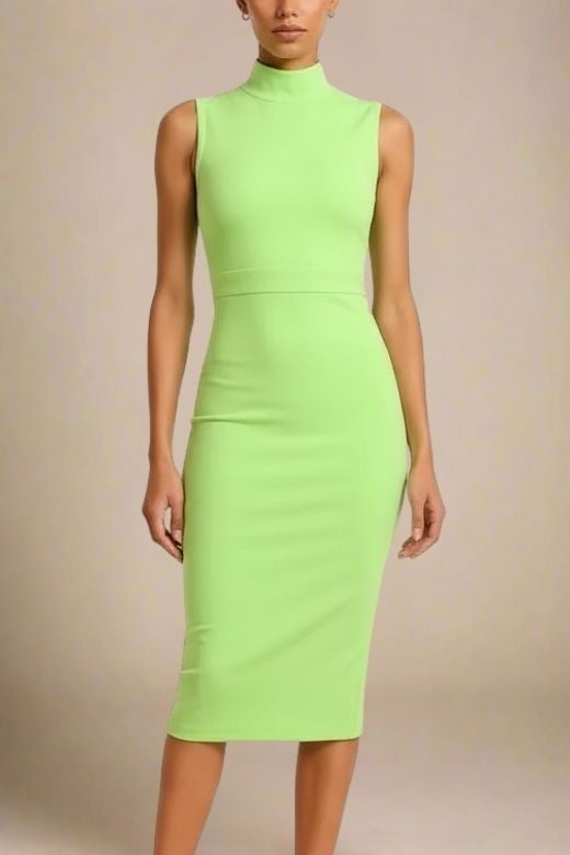 Neon Green Mock Neck Sleeveless Waist Seam Bodycon Midi Dress