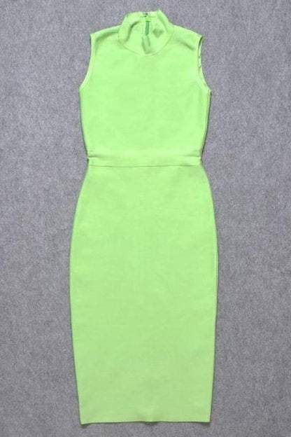 Neon Green Mock Neck Sleeveless Waist Seam Bodycon Midi Dress