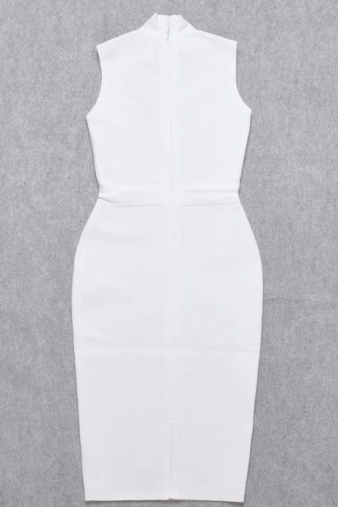 Pearl White Mock Neck Sleeveless Waist Seam Bodycon Midi Dress