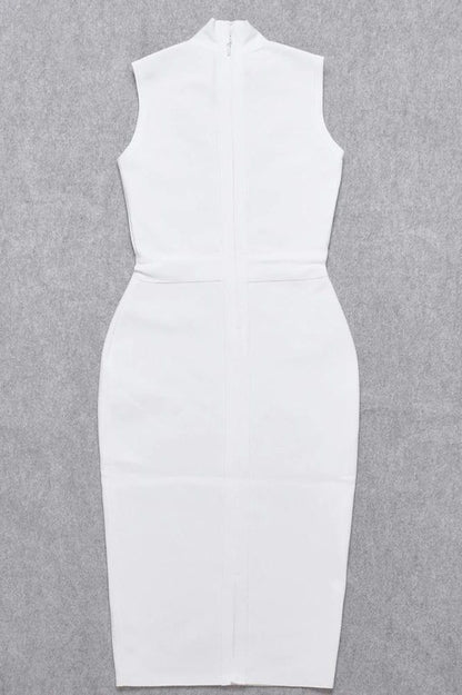 Pearl White Mock Neck Sleeveless Waist Seam Bodycon Midi Dress