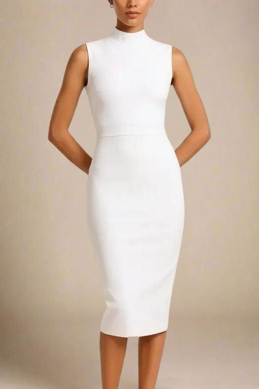 Pearl White Mock Neck Sleeveless Waist Seam Bodycon Midi Dress