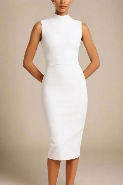 Pearl White Mock Neck Sleeveless Waist Seam Bodycon Midi Dress
