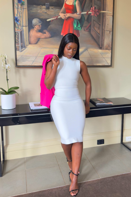 Pearl White Mock Neck Sleeveless Waist Seam Bodycon Midi Dress
