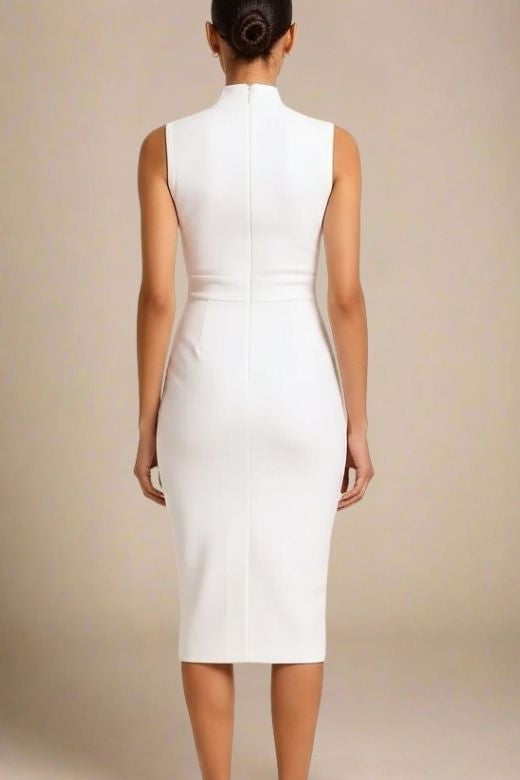 Pearl White Mock Neck Sleeveless Waist Seam Bodycon Midi Dress