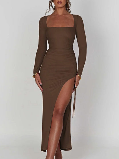 Square Neck Long Sleeve Ruched Side Gather High Split Bodycon Maxi Dress