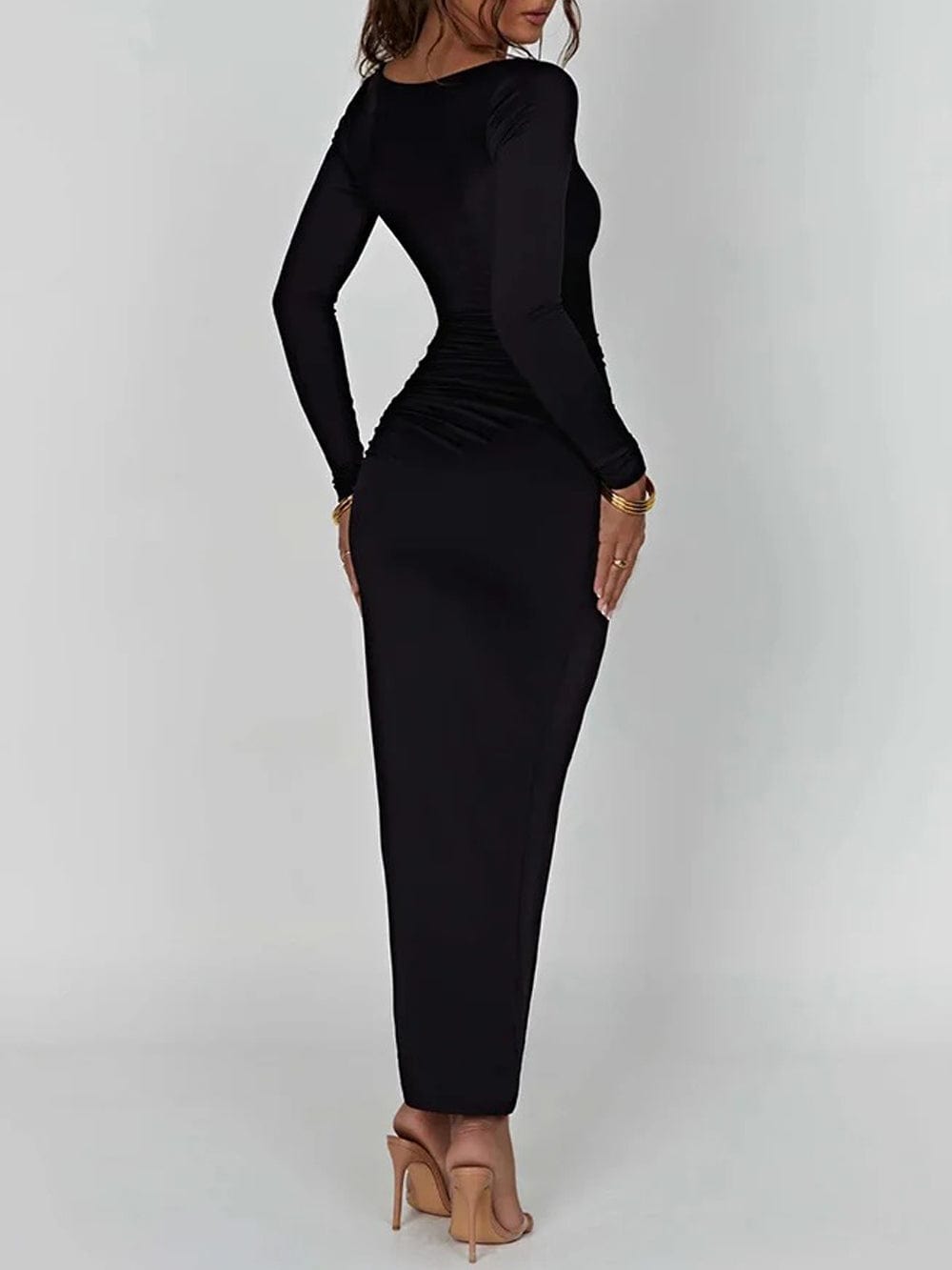 Square Neck Long Sleeve Ruched Side Gather High Split Bodycon Maxi Dress