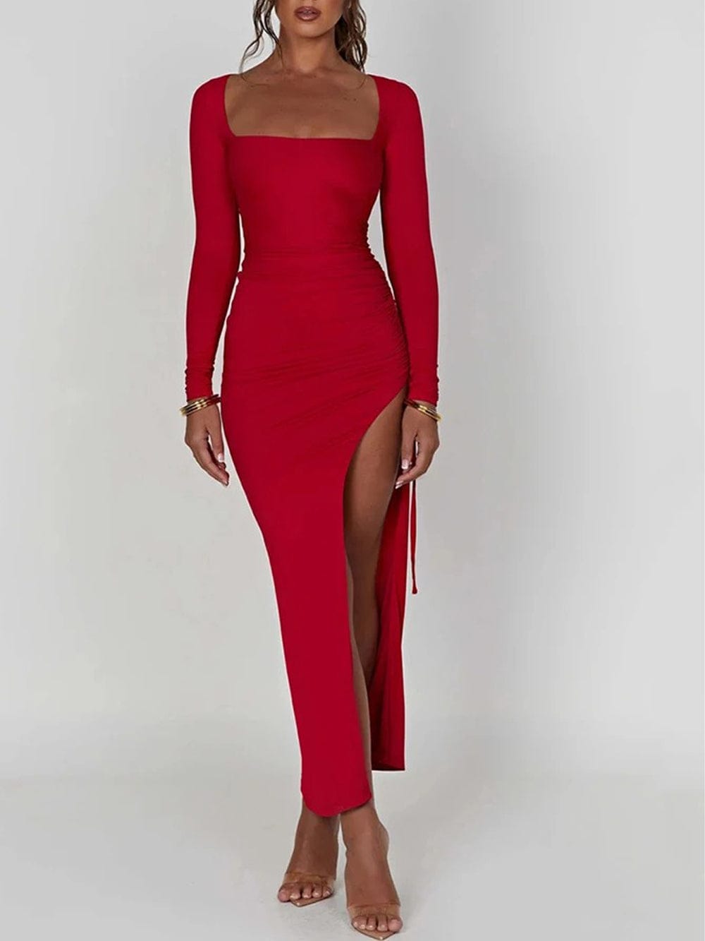 Square Neck Long Sleeve Ruched Side Gather High Split Bodycon Maxi Dress