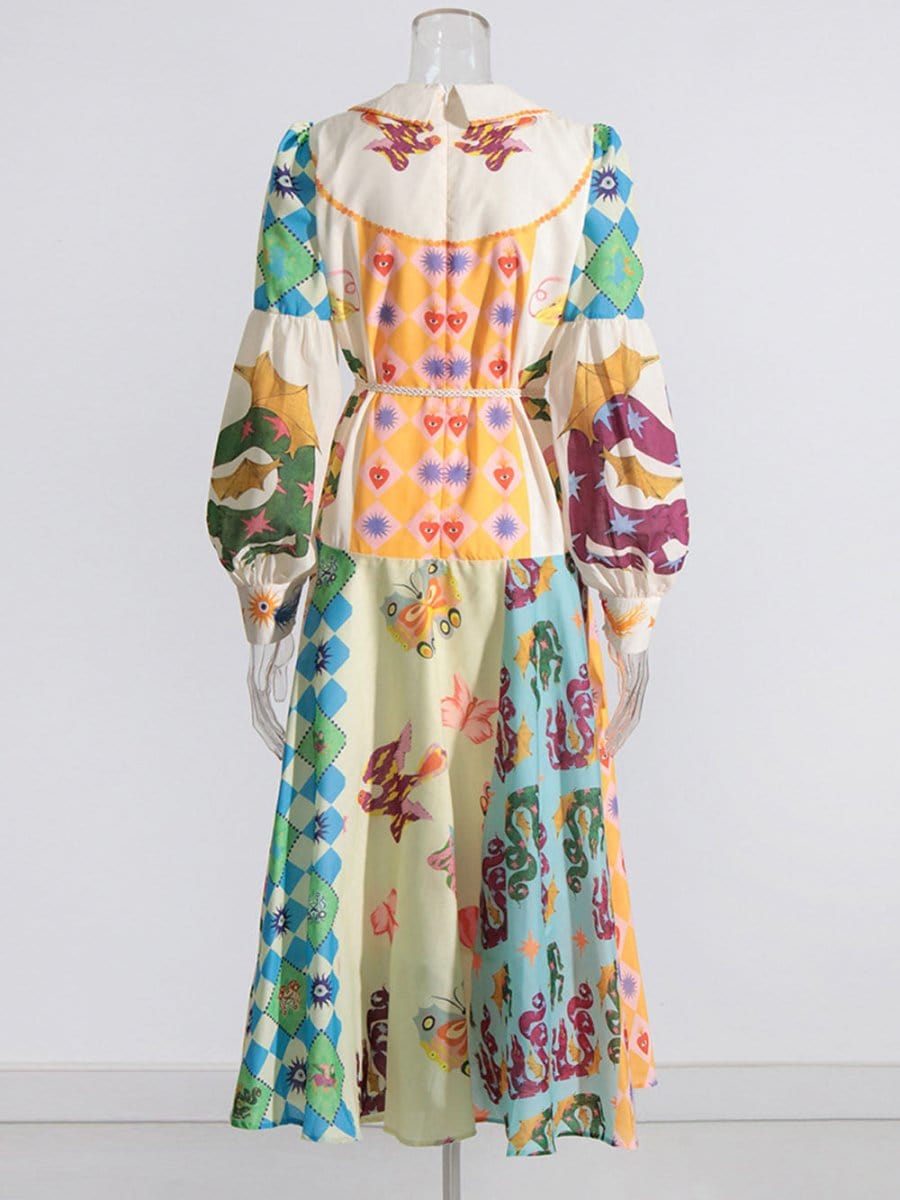 Multi Bishop Sleeve Button Front Mixed Print Patchwork Midi Shirt Dress