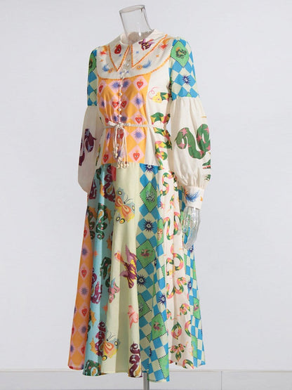 Multi Bishop Sleeve Button Front Mixed Print Patchwork Midi Shirt Dress