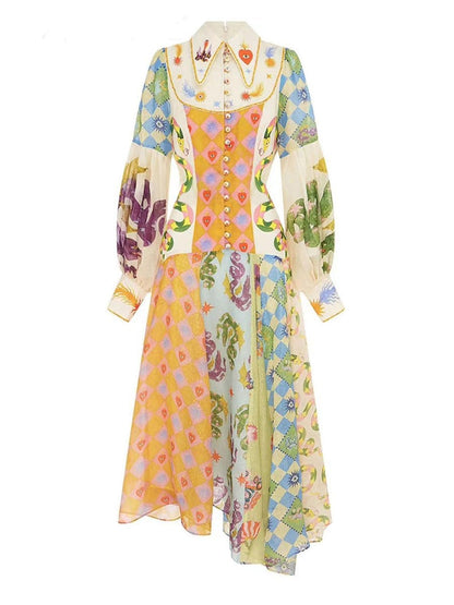 Multi Bishop Sleeve Button Front Mixed Print Patchwork Midi Shirt Dress